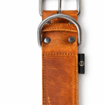 Cognac leren halsband met zilverkleurige gesp en D-ring op witte achtergrond
